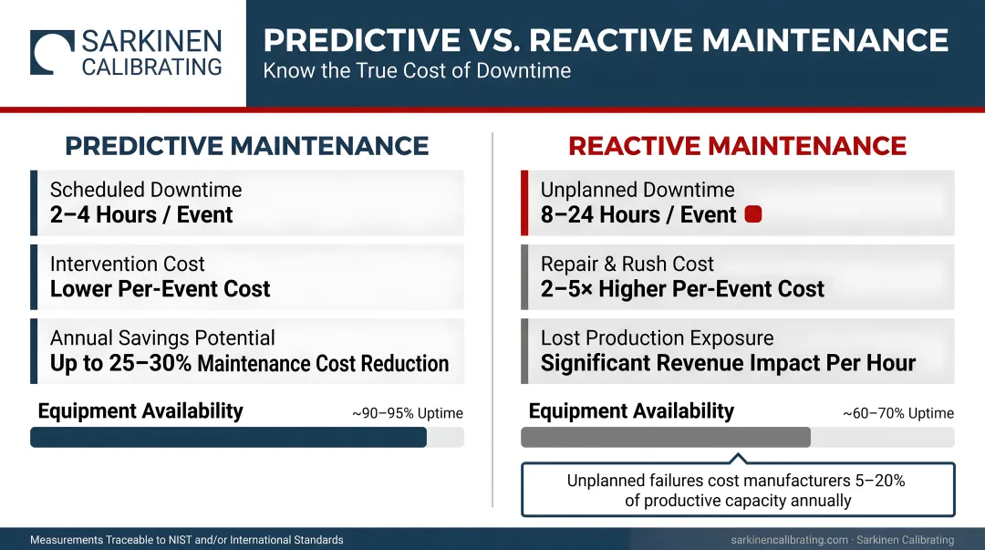 Predictive versus reactive maintenance cost comparison showing downtime and savings data
