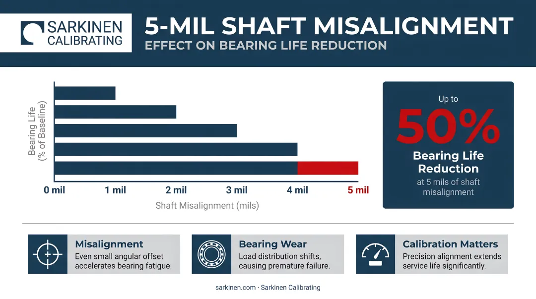 5-mil shaft misalignment effect on bearing life reduction percentage infographic