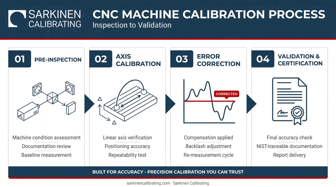 4-phase professional CNC machine calibration process flow from inspection to validation