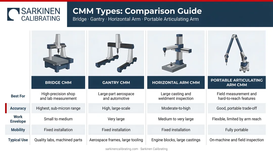Four CMM types comparison infographic bridge gantry horizontal arm and portable articulating arm