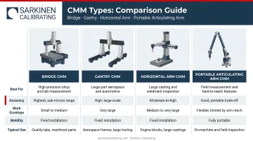 Four CMM types comparison infographic bridge gantry horizontal arm and portable articulating arm