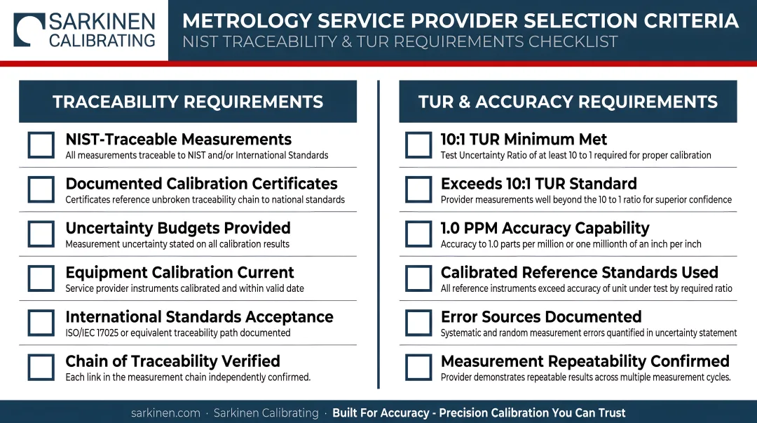 Metrology service provider selection criteria checklist with NIST traceability and TUR requirements