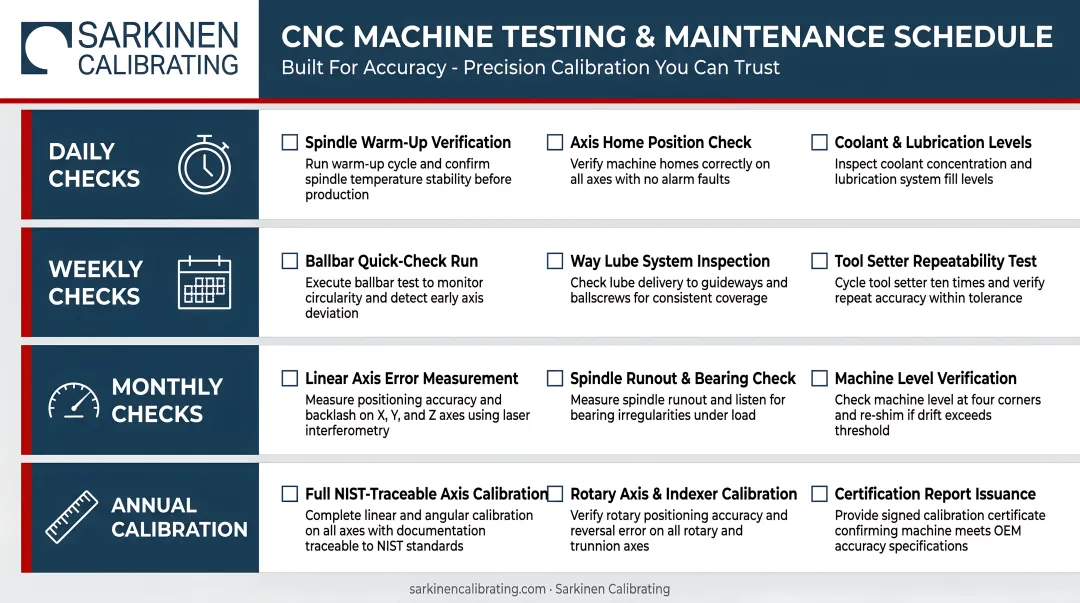 Four-tier CNC machine testing schedule from daily checks to annual calibration