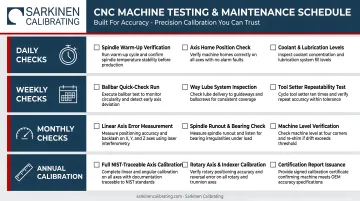 Four-tier CNC machine testing schedule from daily checks to annual calibration