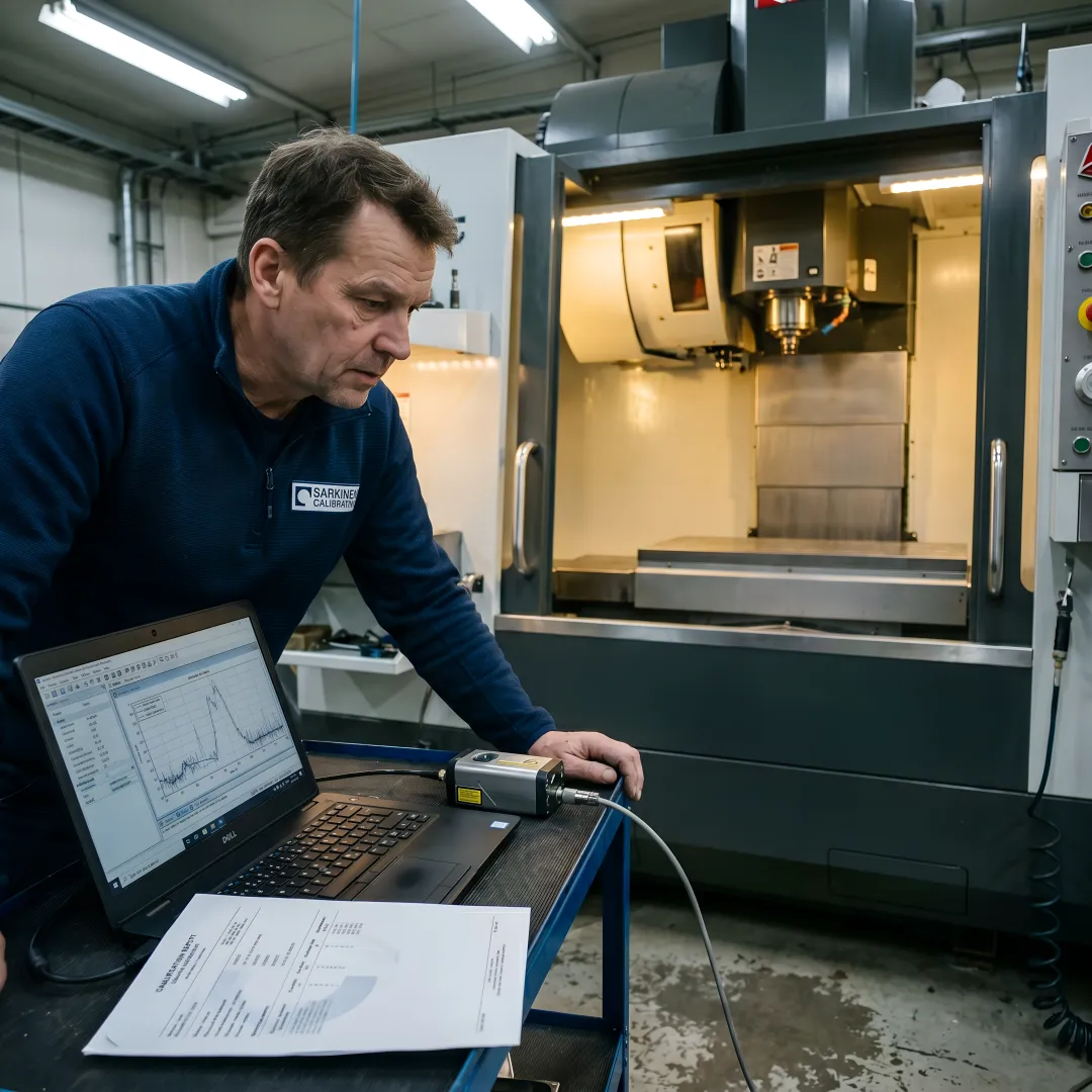 Calibration technician analyzing laser measurement data on CNC machine