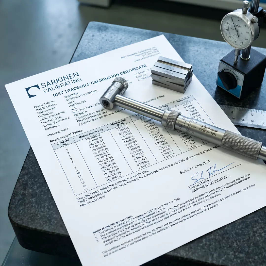NIST-traceable calibration certificate and precision measurement equipment on workbench