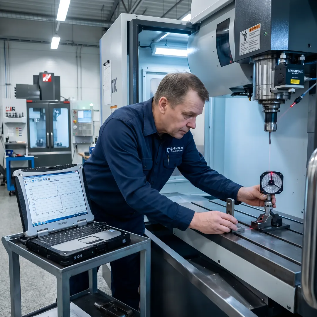 Precision calibration technician performing laser interferometer measurement on CNC machine in Idaho manufacturing facility