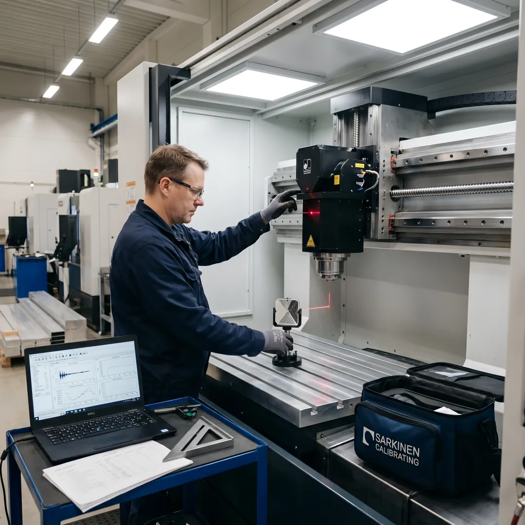 Technician performing precision measurement training on CNC machine