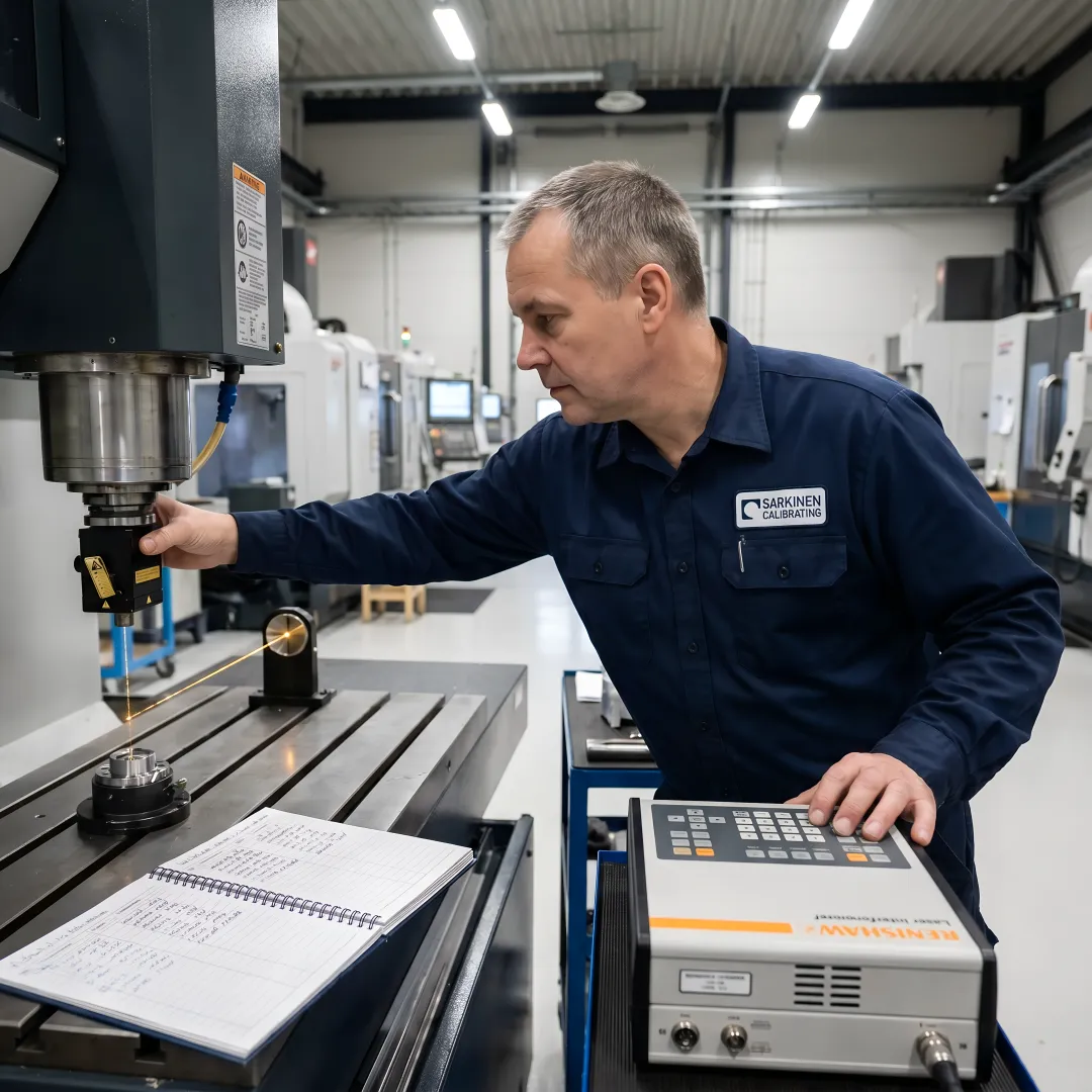 Technician performing laser interferometer calibration on CNC machine