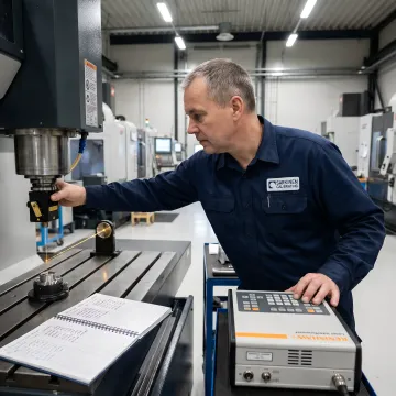 Technician performing laser interferometer calibration on CNC machine