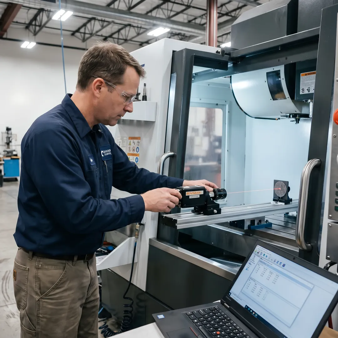 Calibration technician performing precision laser measurement on CNC machine axis
