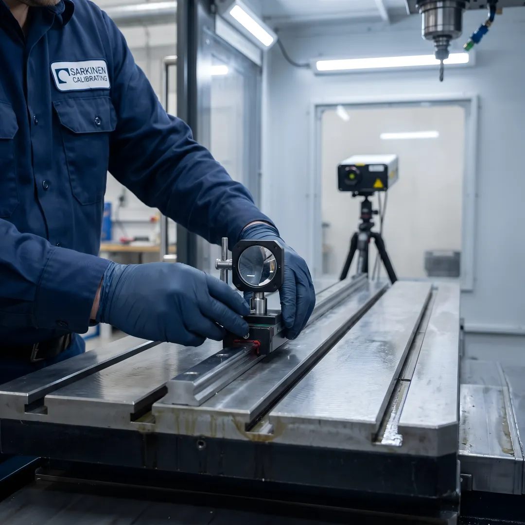 Technician performing CNC machine calibration during hands-on training session