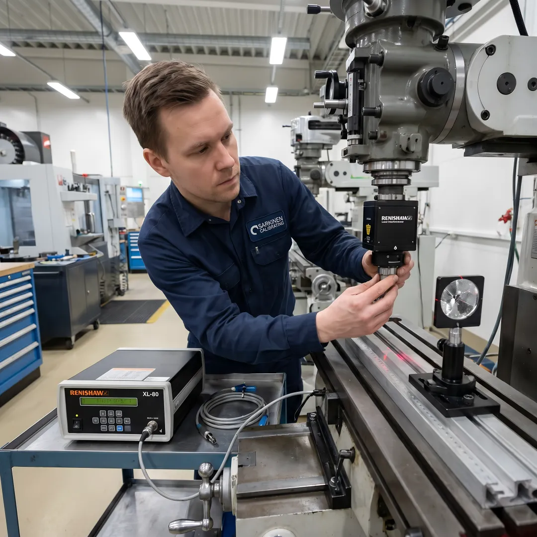 CNC machine calibration technician performing laser interferometer measurement on precision manufacturing equipment