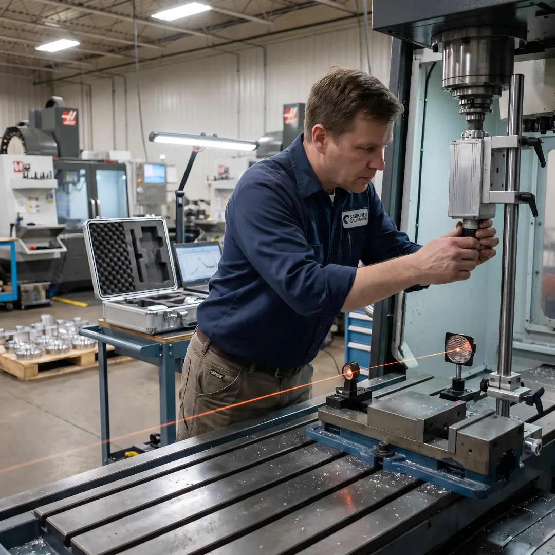 Precision laser calibration equipment measuring CNC machine axis accuracy in industrial manufacturing facility