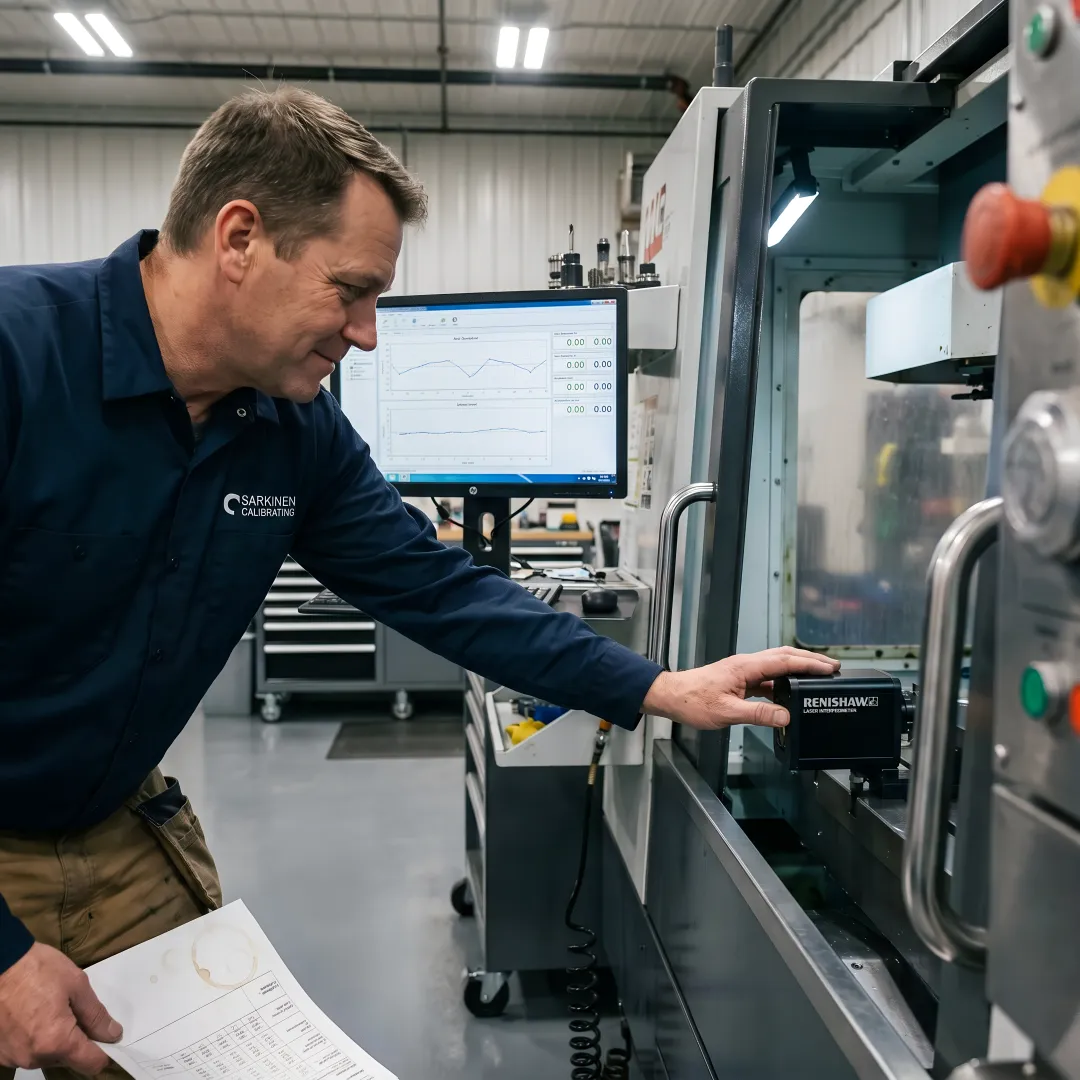 Technician reviewing CNC machine calibration data on laptop