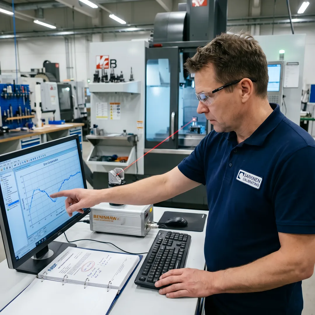 Calibration technician analyzing machine accuracy data on laptop