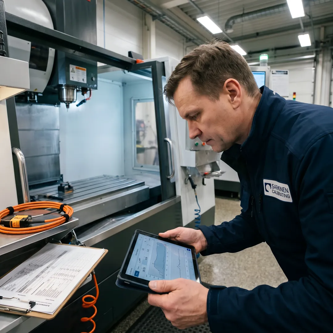 Calibration technician reviewing precision measurement data and trending reports on tablet next to CNC equipment