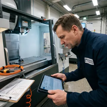 Calibration technician reviewing precision measurement data and trending reports on tablet next to CNC equipment