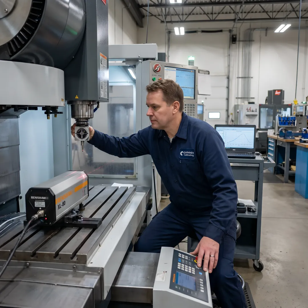 Technician using laser interferometer to calibrate CNC machine axes in manufacturing facility