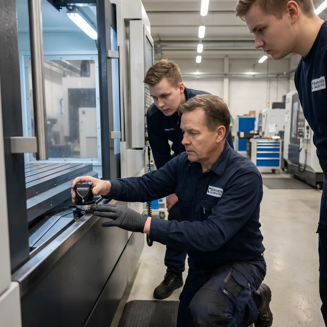 Instructor demonstrating CNC calibration techniques to technician trainees in workshop
