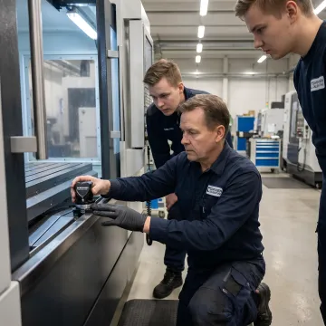 Instructor demonstrating CNC calibration techniques to technician trainees in workshop