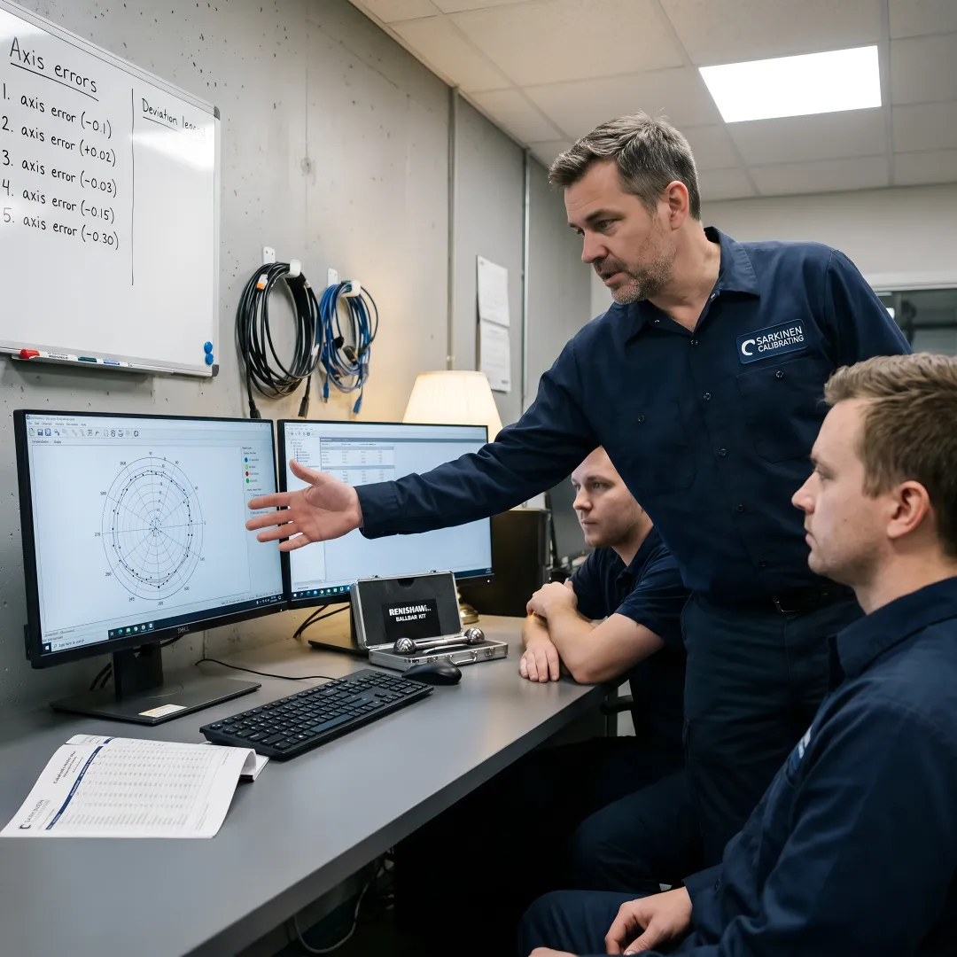 Instructor demonstrating Ballbar data analysis on computer screen