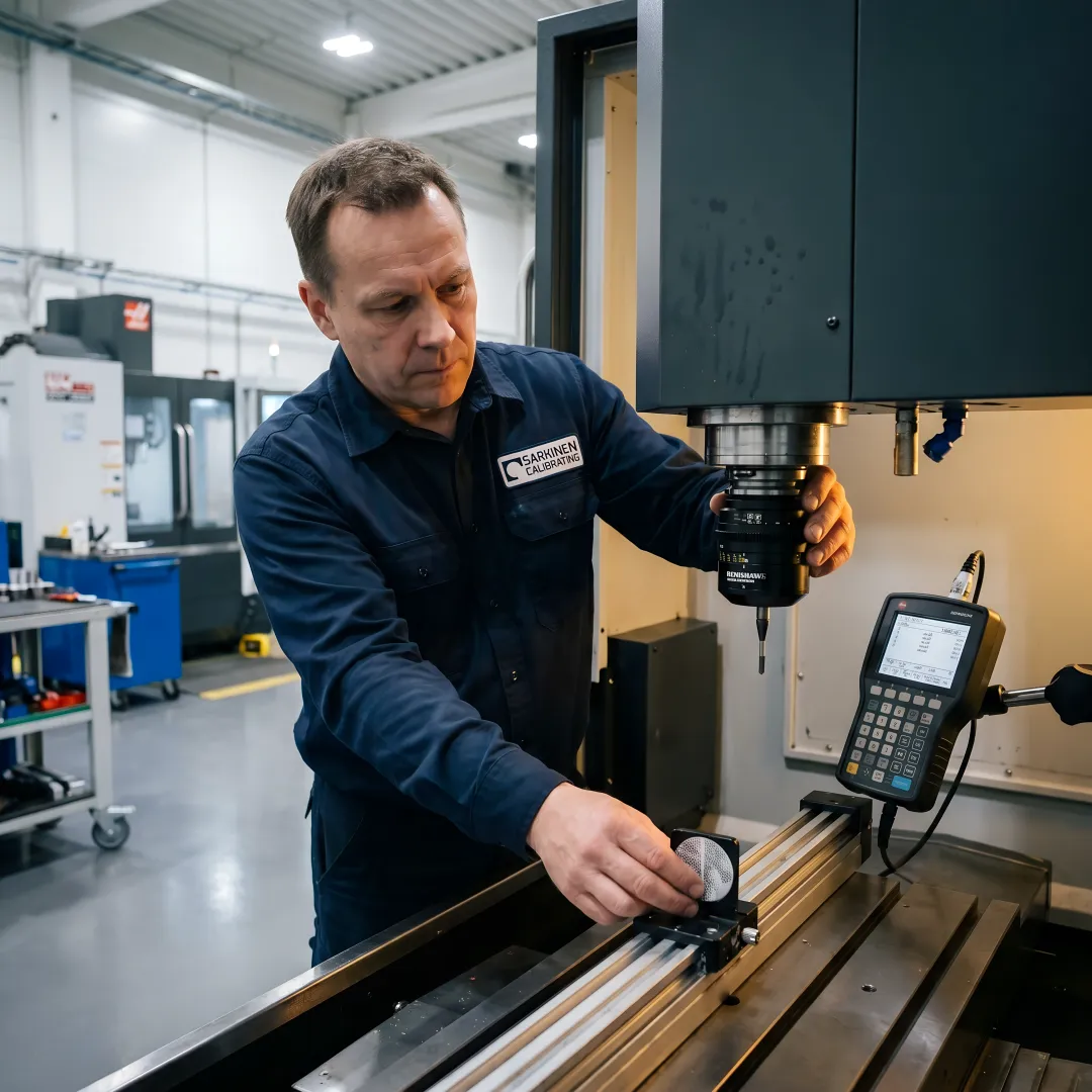 CNC machine calibration specialist performing precision measurement with laser equipment