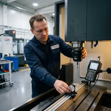 CNC machine calibration specialist performing precision measurement with laser equipment