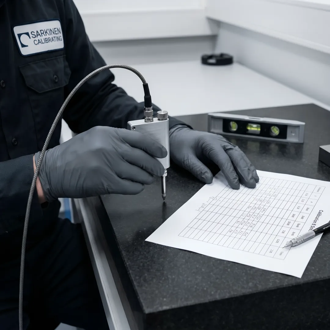 Close-up of precision measurement probe verifying granite surface plate flatness