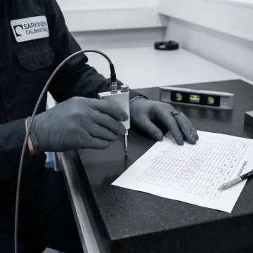 Close-up of precision measurement probe verifying granite surface plate flatness