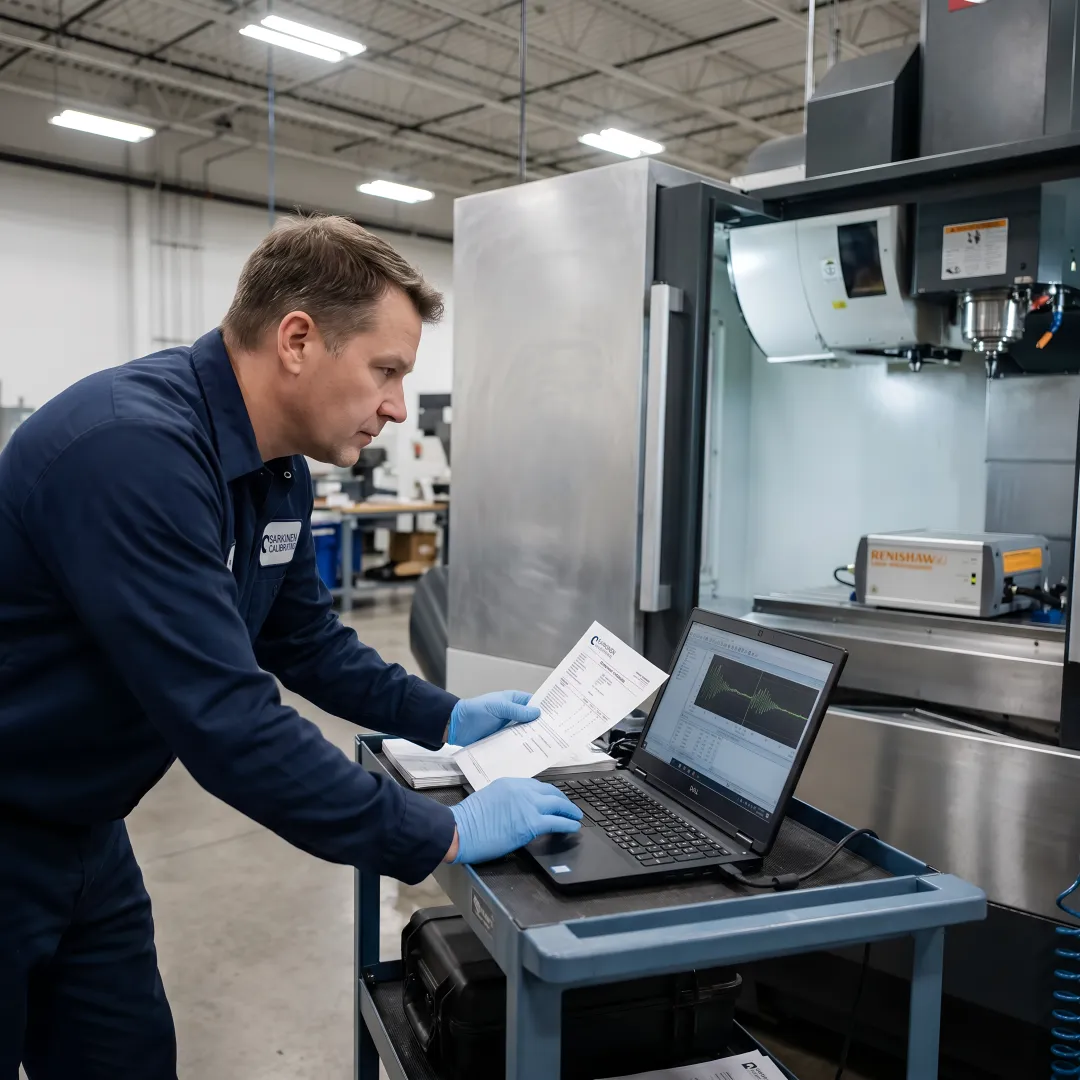 Calibration technician analyzing CNC machine measurement data on laptop