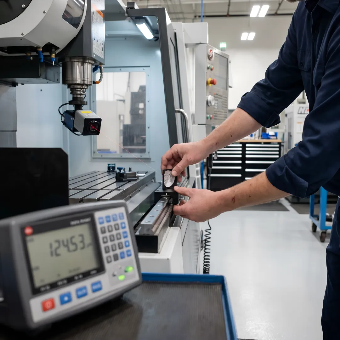 Precision laser interferometer calibrating CNC machine axis in Washington manufacturing facility