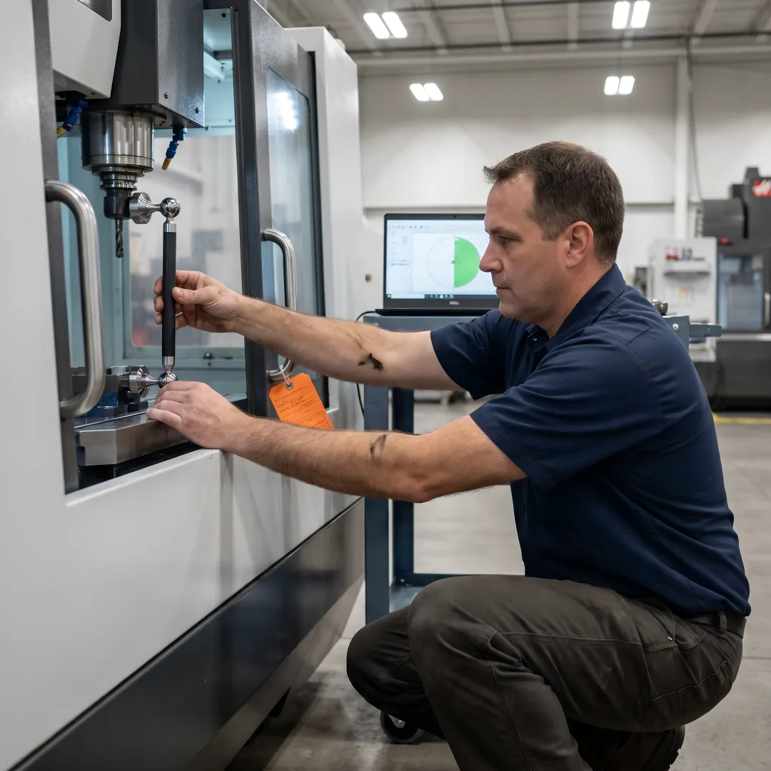 CNC ballbar testing process showing wireless setup and data analysis