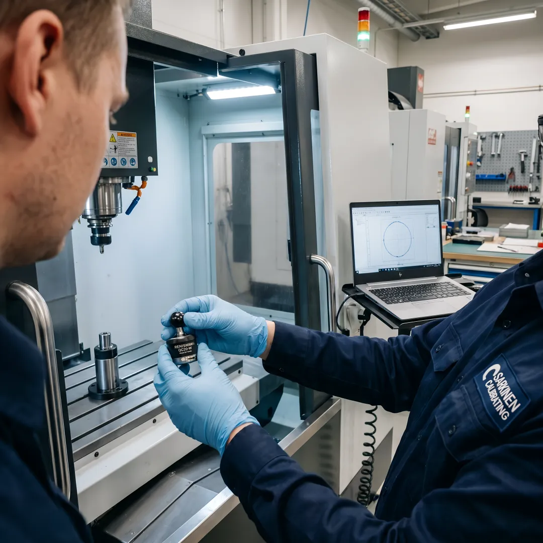 Technician performing ballbar testing on CNC machine with wireless measurement system