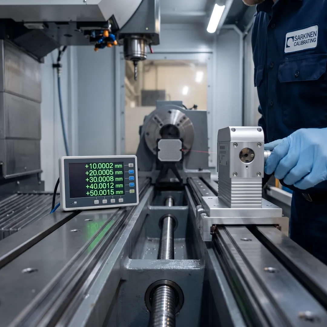 NIST-traceable laser measurement equipment calibrating CNC machine axis