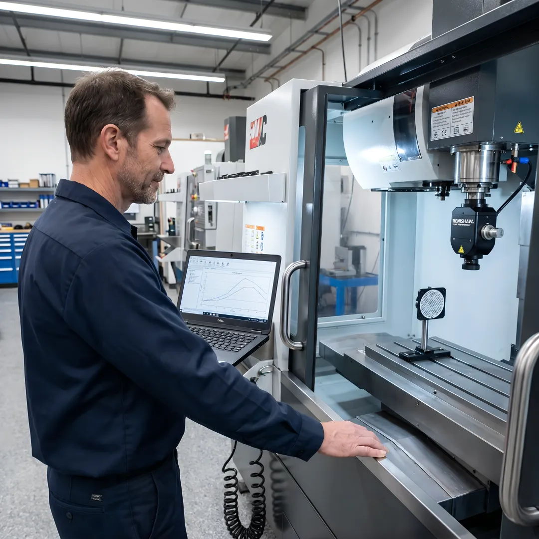 Precision laser interferometer measuring CNC machine axis alignment in manufacturing facility