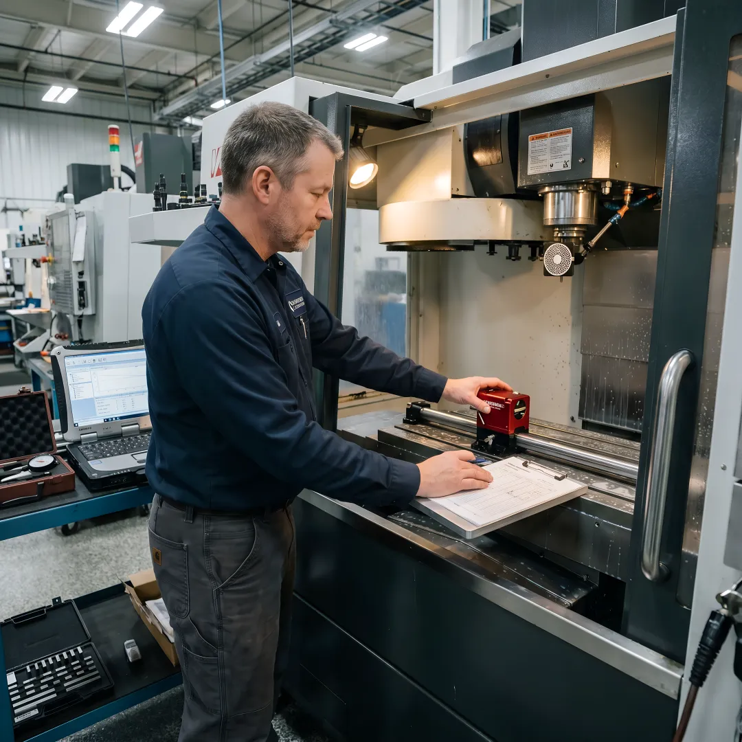 Precision calibration technician performing laser measurement on CNC machine in production facility