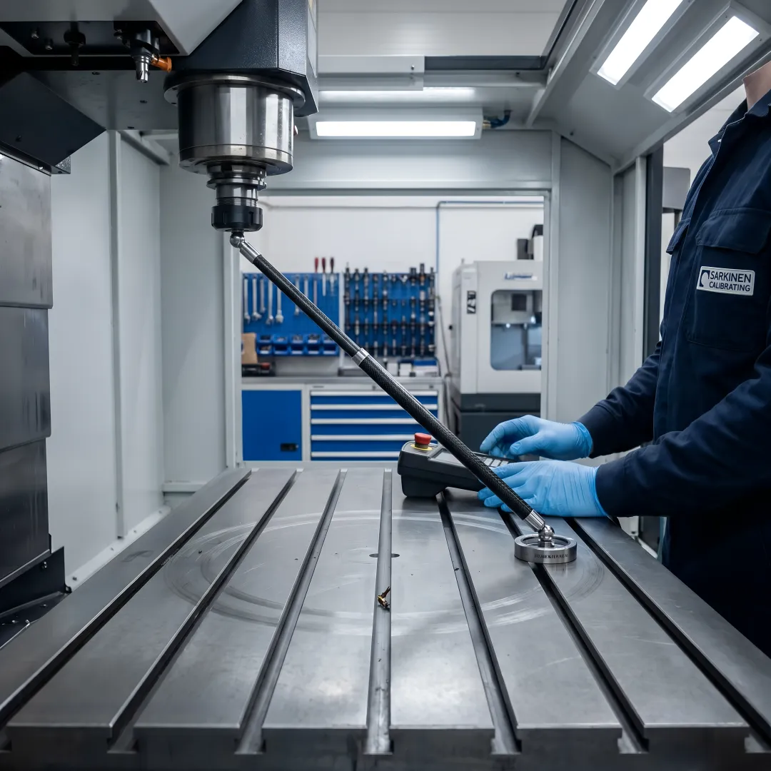 Close-up of ballbar measurement device attached to CNC machine spindle