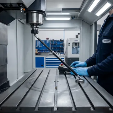 Close-up of ballbar measurement device attached to CNC machine spindle