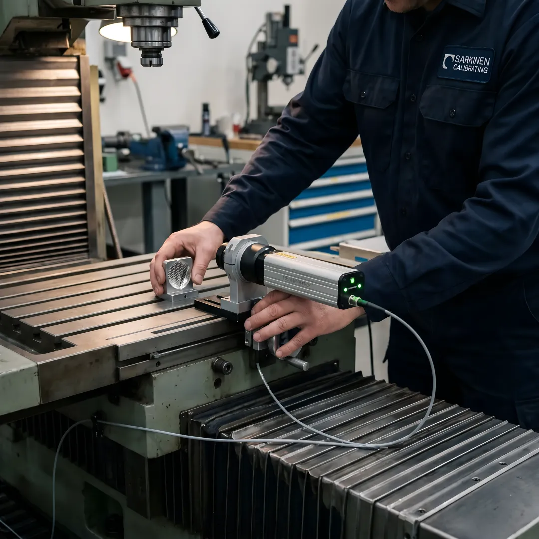 CNC machine undergoing precision calibration measurement