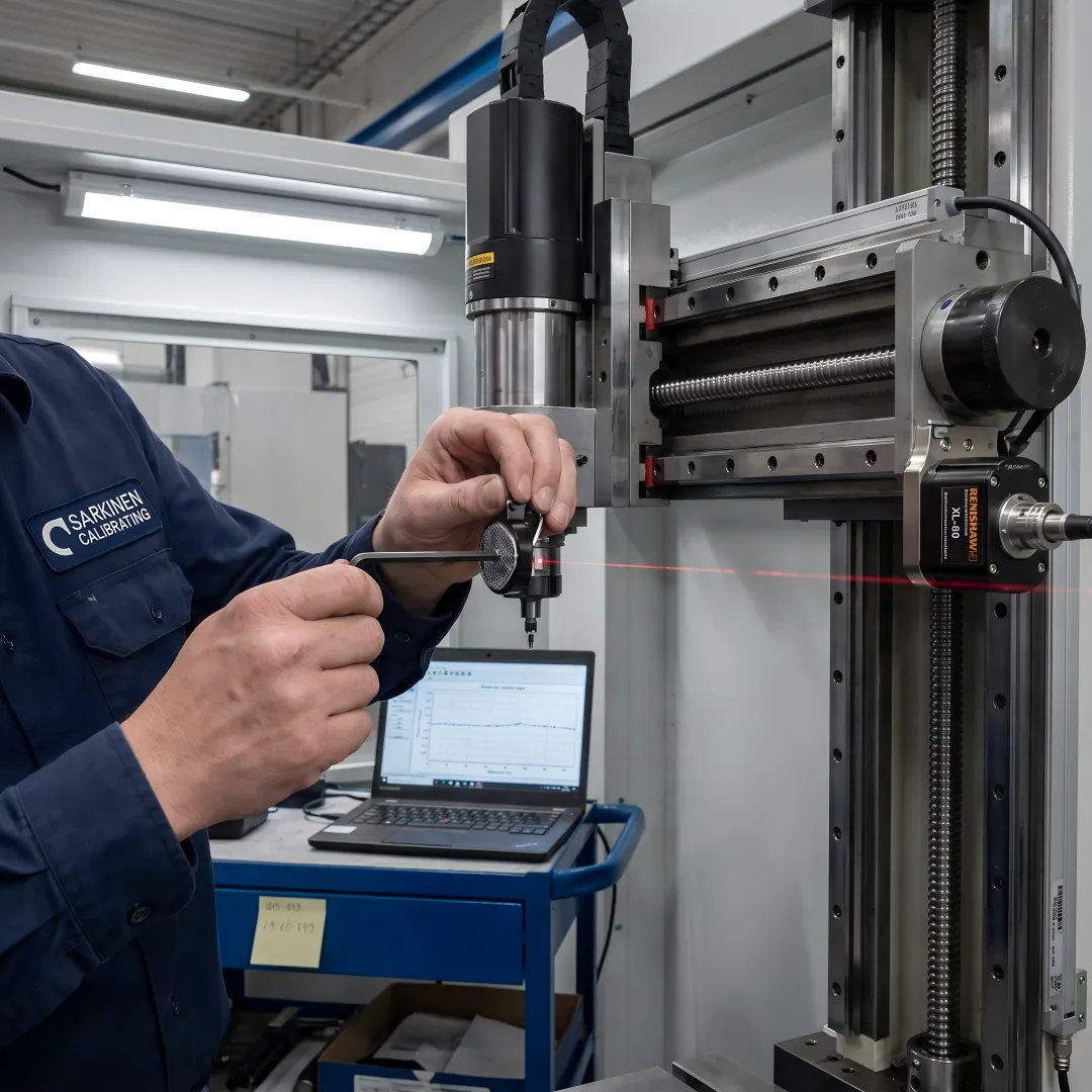 Close-up of precision laser measurement equipment calibrating CNC machine axis