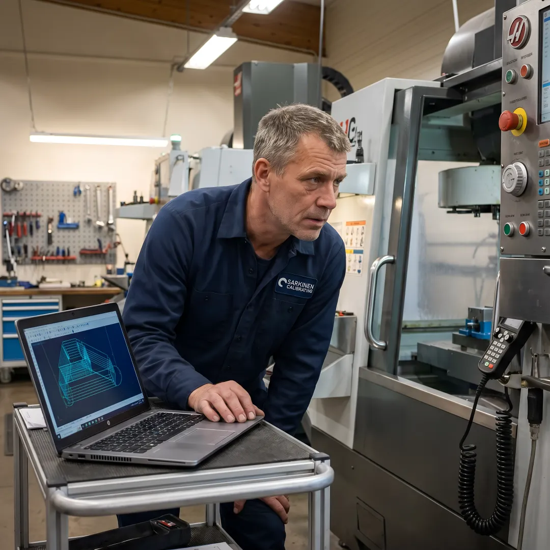 Technician programming CNC machine while instructor reviews CAM software on laptop