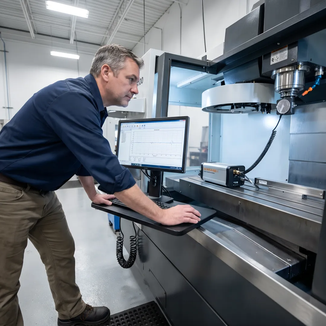 Calibration technician analyzing CNC machine performance data on laptop