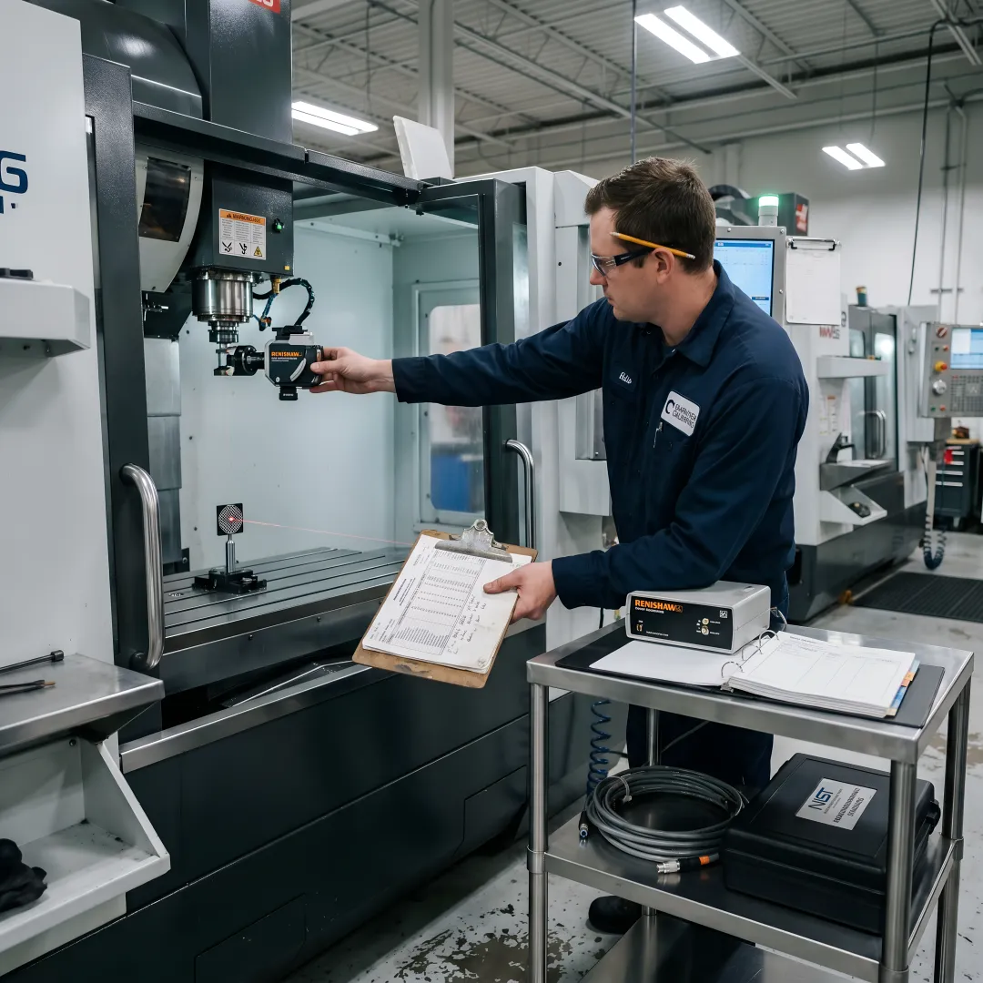 CNC machining center undergoing precision calibration with laser interferometer equipment