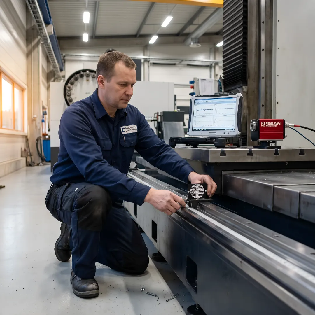 Technician performing laser calibration measurement on precision CNC machine