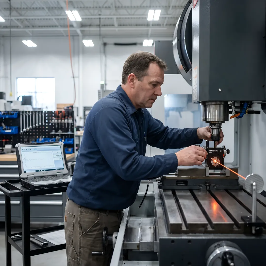 Precision CNC calibration equipment performing laser interferometry measurement on industrial machine tool
