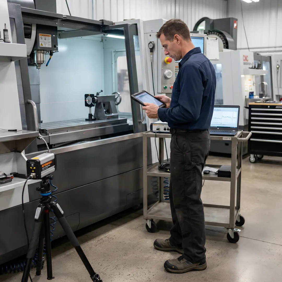 Precision laser measurement system calibrating CNC machine in manufacturing facility