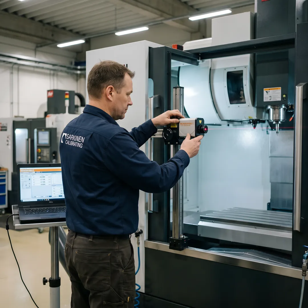 Precision laser interferometer calibrating CNC machine in industrial manufacturing facility