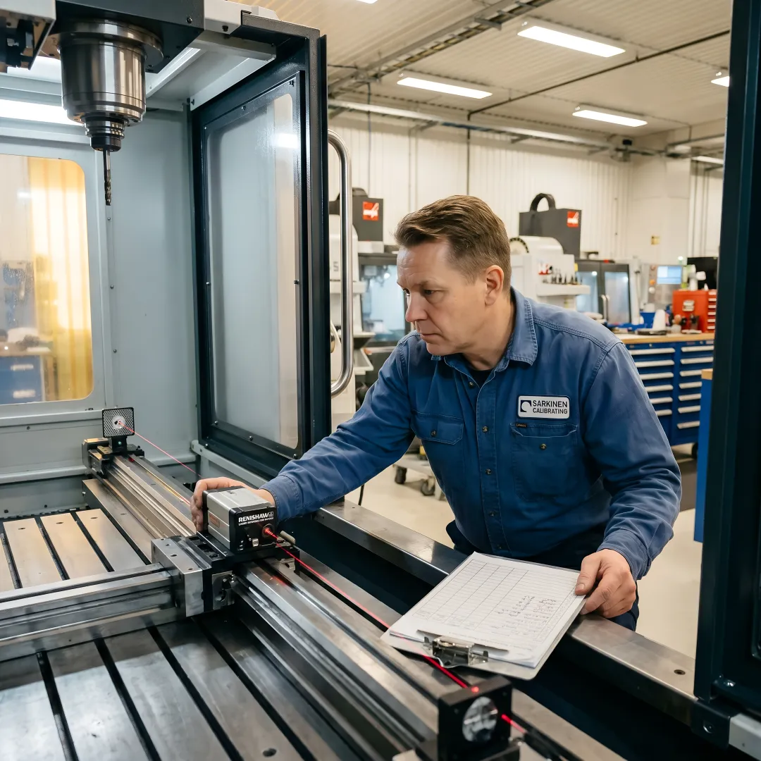 Calibration technician performing precision laser testing on industrial CNC machine