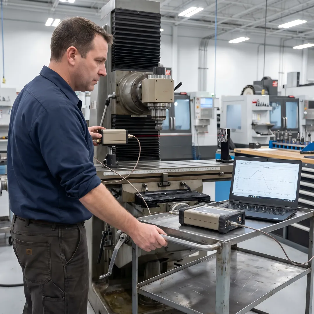 CNC machine calibration technician performing laser interferometer testing on precision milling equipment
